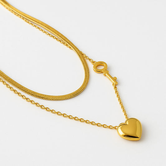 Golden Heart & Key Layered Necklace Set
