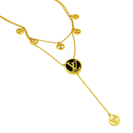 Louis Vuitton Inspired Multi-Charm Layered Necklace Set - Gold Tone LV Logo Pendants