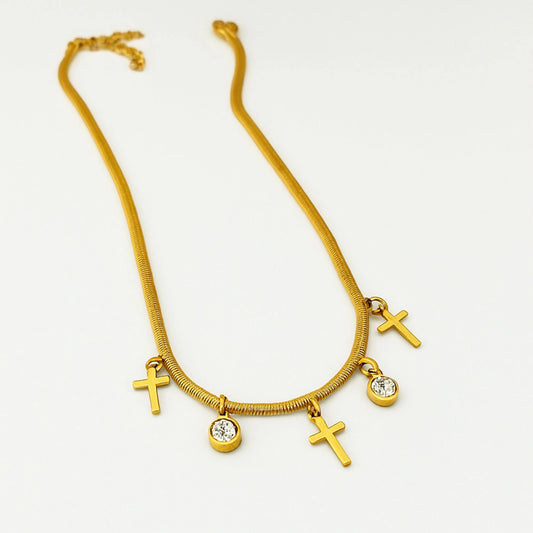 Gold Cross & Crystal Charm Snake Chain Necklace