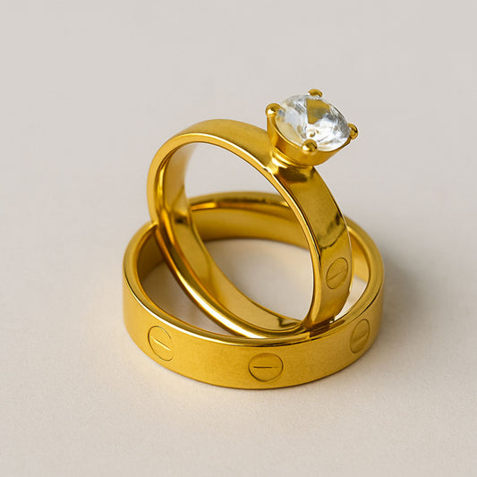 Gold Plated Solitaire Engagement Ring Set with Crystal Stone