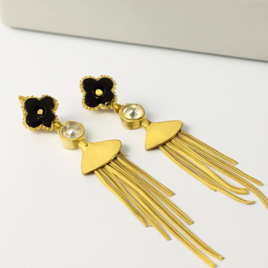Gold Plated Black Clover Drop Earrings with Pearl Accents and Fringe Tassels