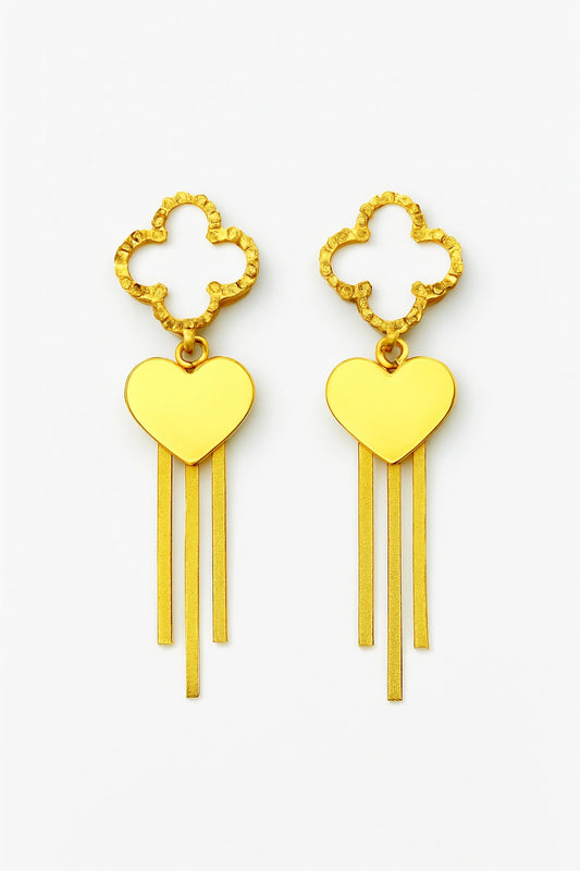 Gold Quatrefoil Heart Tassel Drop Earrings
