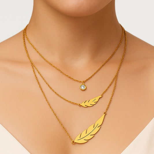Layered Gold Feather & Crystal Necklace