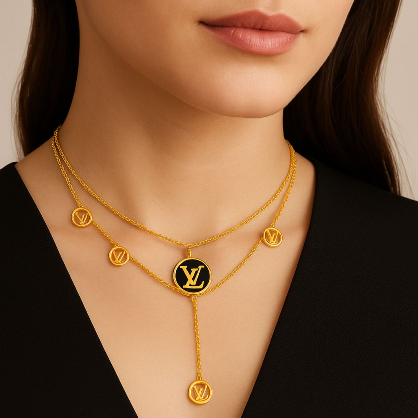 Louis Vuitton Inspired Multi-Charm Layered Necklace Set - Gold Tone LV Logo Pendants