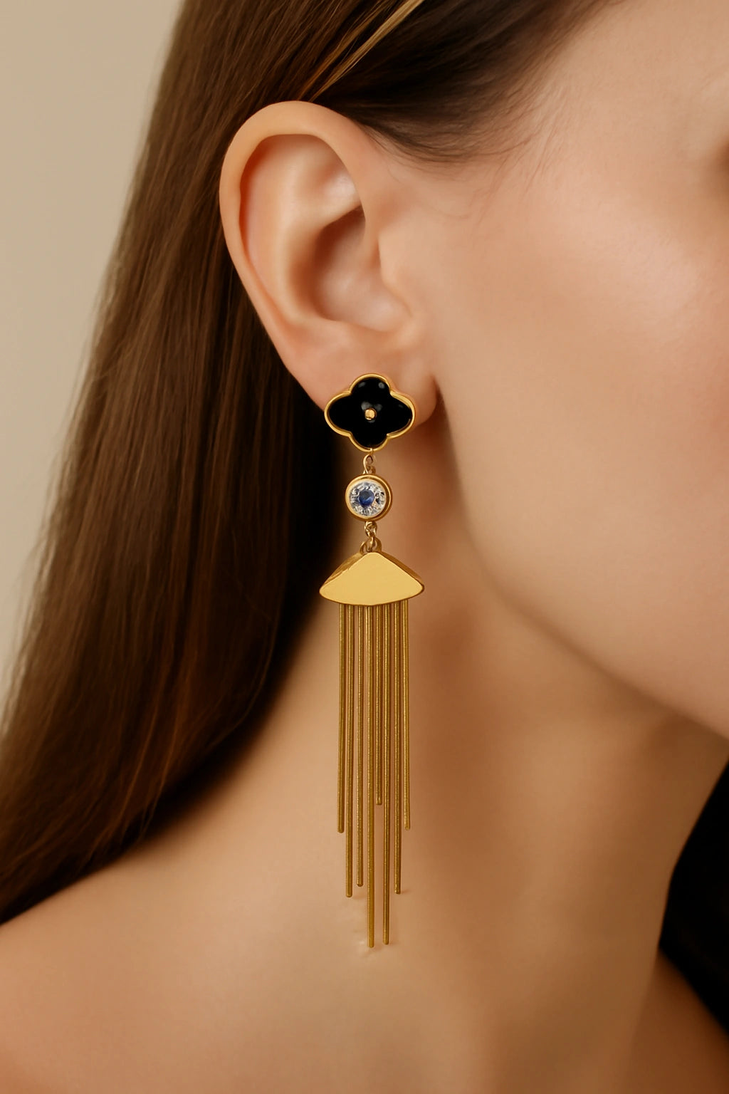 Gold Plated Black Clover Drop Earrings with Pearl Accents and Fringe Tassels