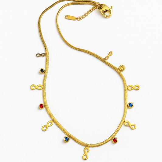 Product Name: Gold Infinity Charm Snake Chain Necklace with Colored Gemstones