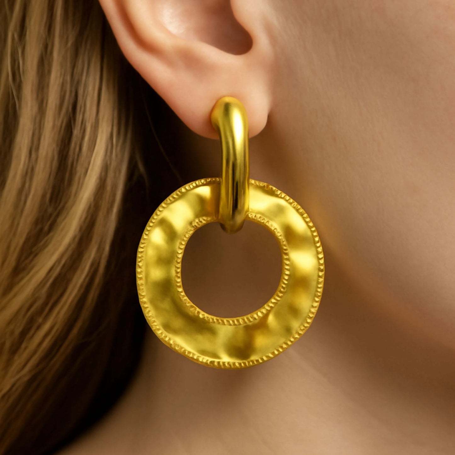 Gold Plated Circular Drop Earrings with Milgrain Detail