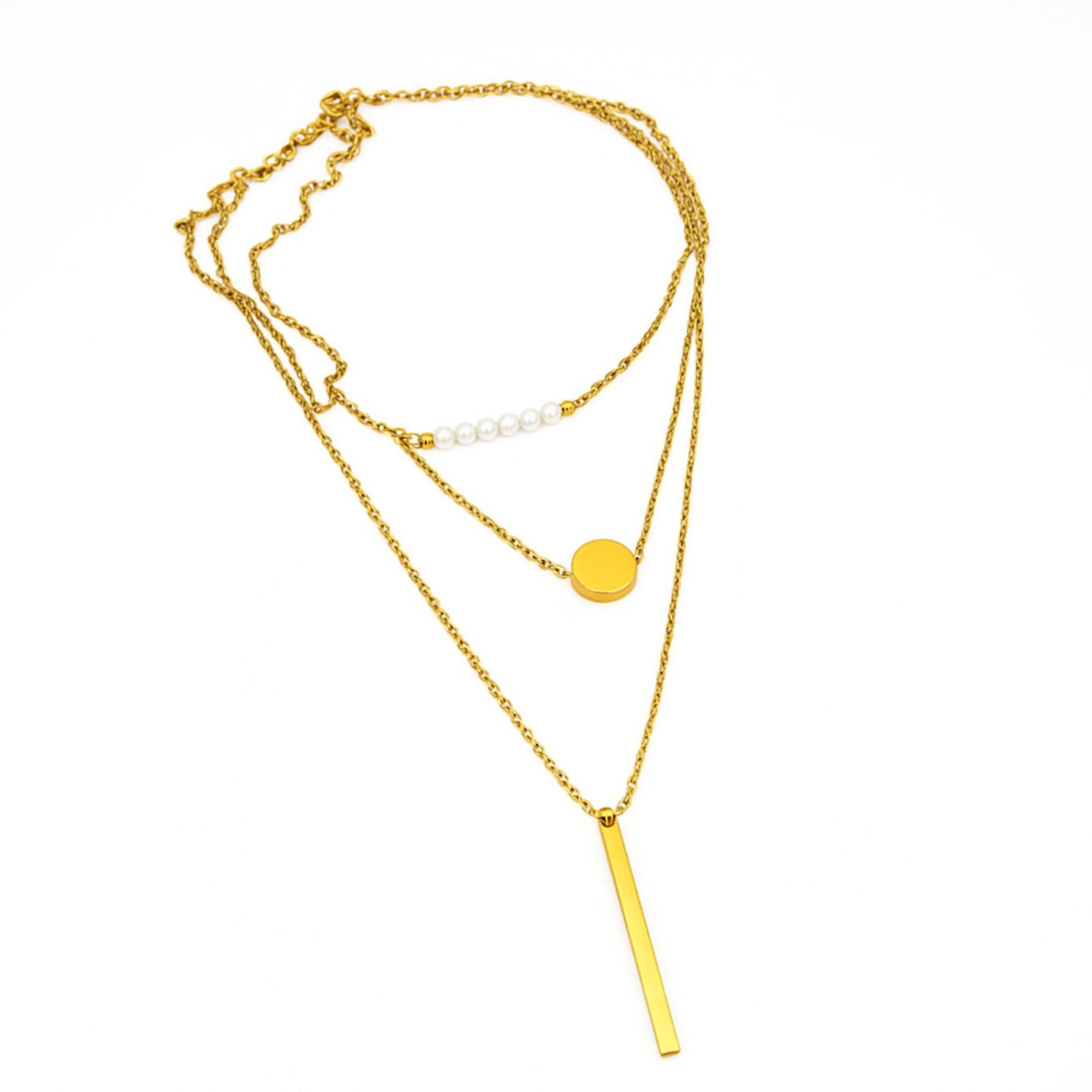 Gold Layered Pearl & Bar Necklace Set