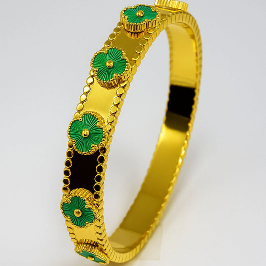 Emerald Enamel Flower Gold-Tone Traditional Bangle Bracelet