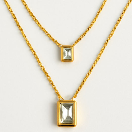 Gold Layered Rectangle Crystal Pendant Necklace Set