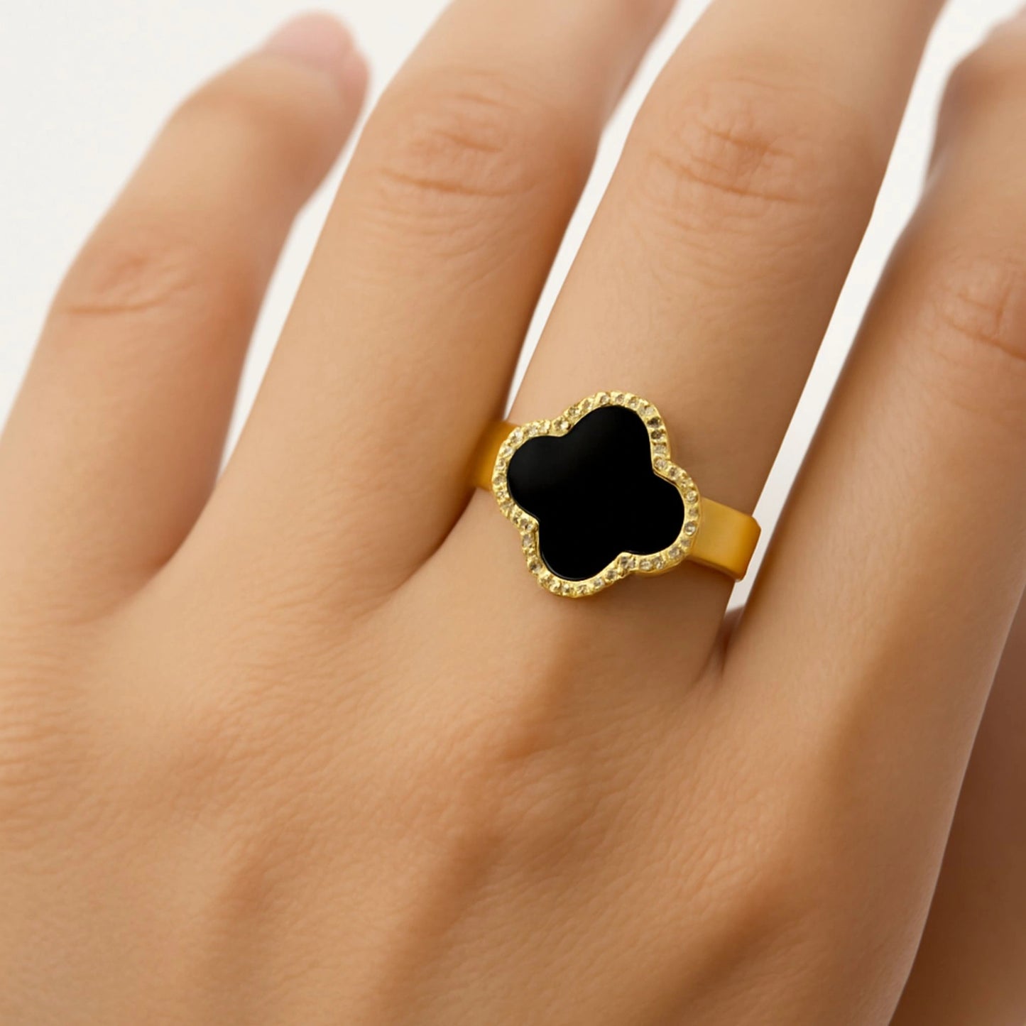 Gold Clover Ring with Black Onyx Stone
