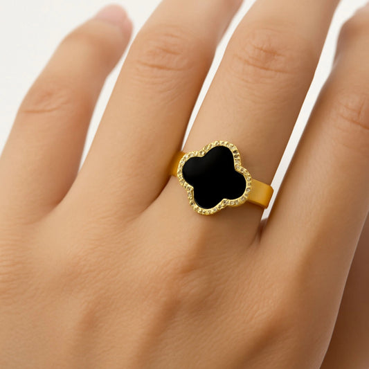 Gold Clover Ring with Black Onyx Stone