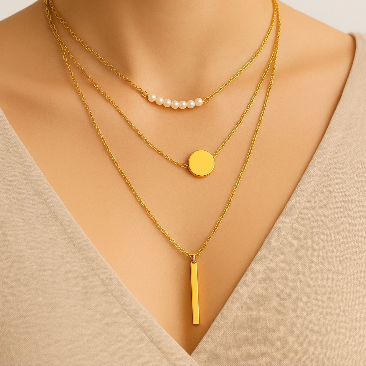 Gold Layered Pearl & Bar Necklace Set