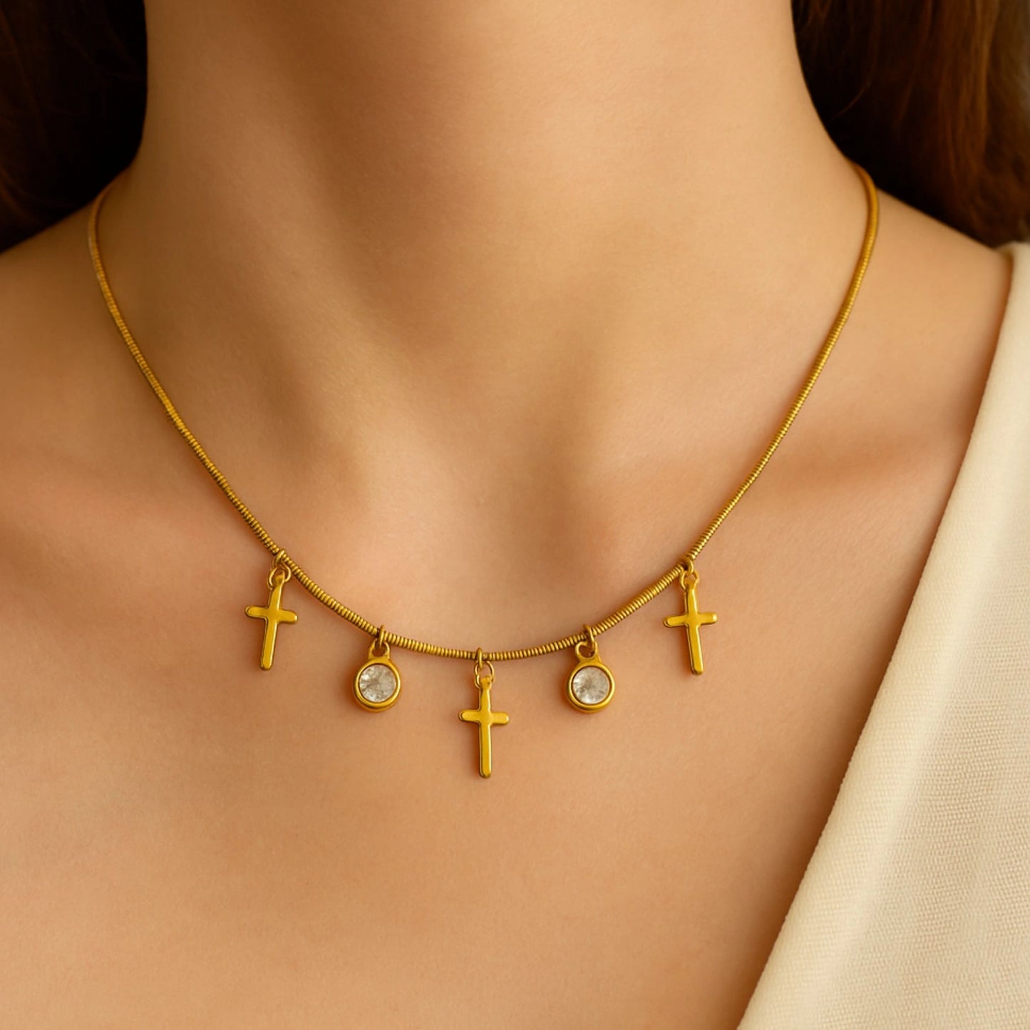 Gold Cross & Crystal Charm Snake Chain Necklace