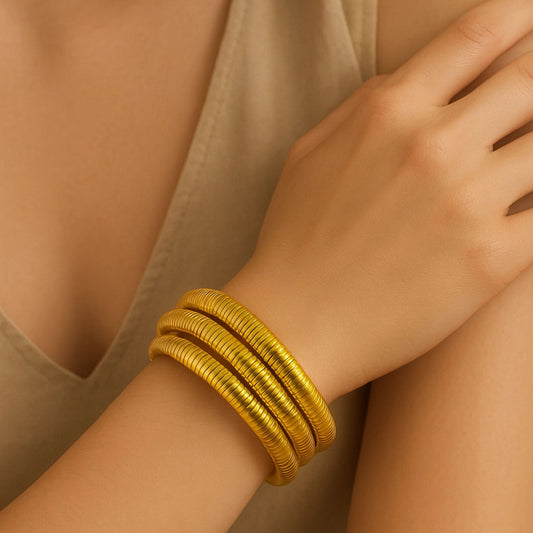 Gold Coil Spring Bracelet Set - Triple Stack Flexible Bangle Collection