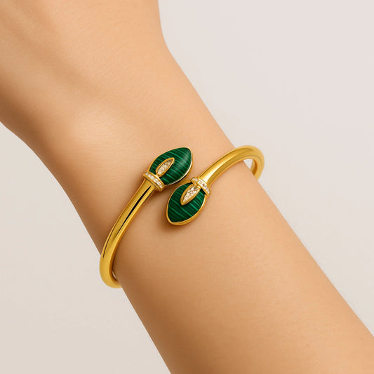 "Luxe Malachite Cuff Bracelet - Gold Plated Open Bangle with Crystal Accents"