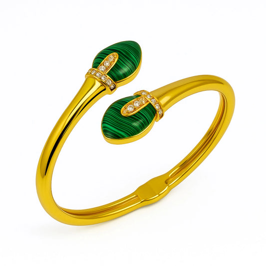 "Luxe Malachite Cuff Bracelet - Gold Plated Open Bangle with Crystal Accents"