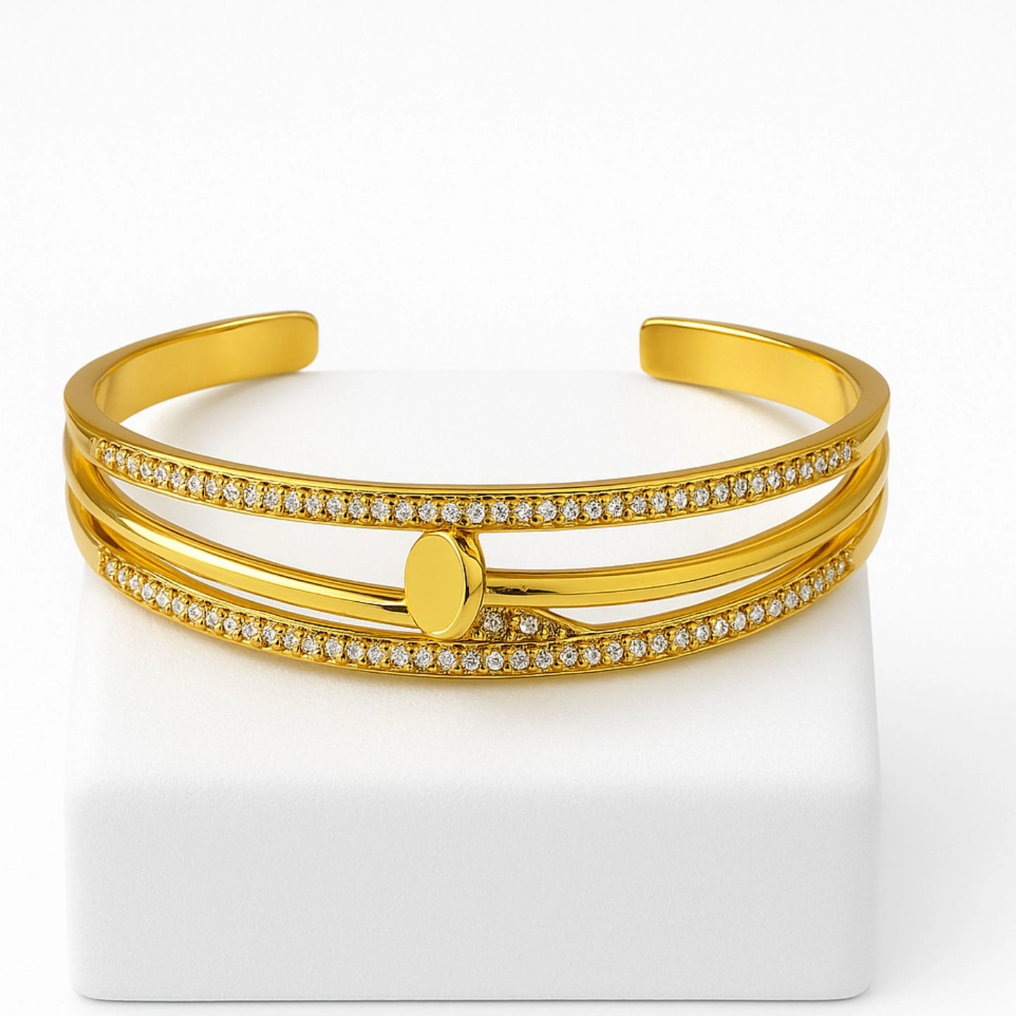 Luxe Gold Pavé Diamond Cuff Bracelet with Central Disc Detail