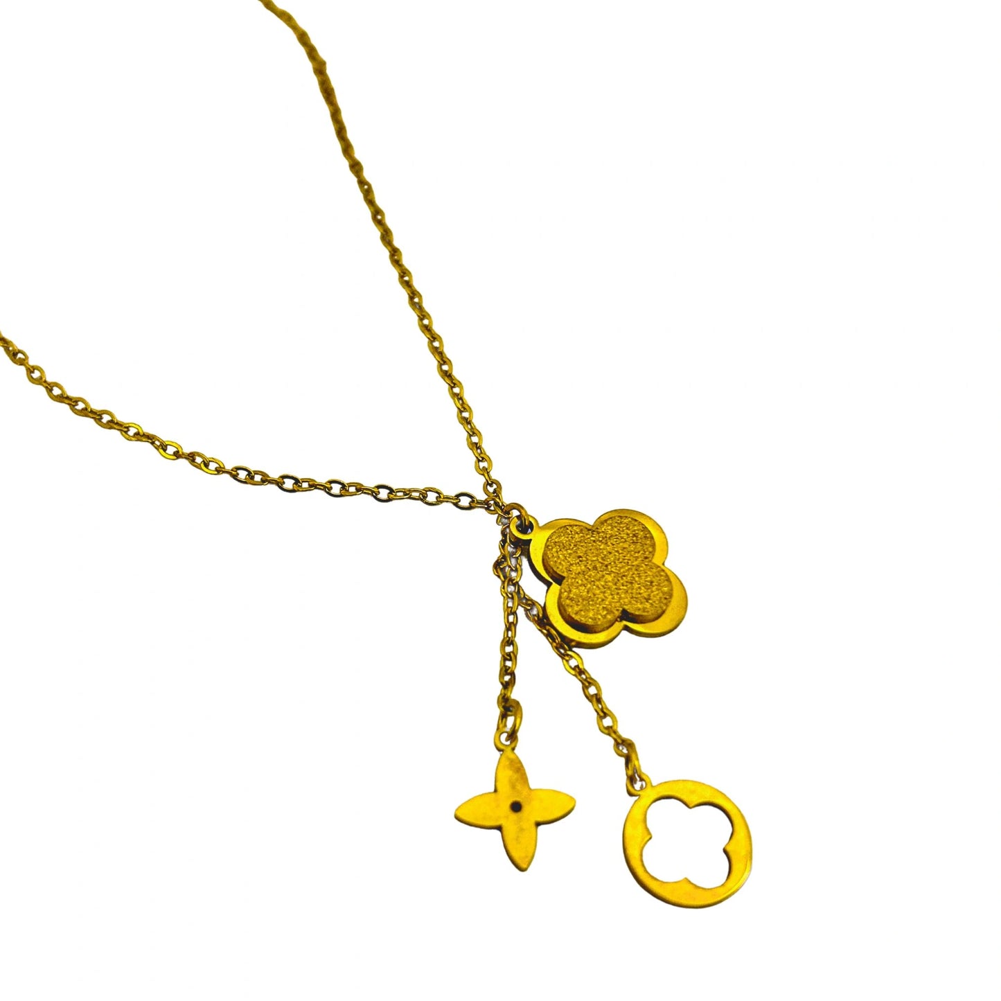 Gold-Tone Clover Charm Necklace with Star and Circle Pendants