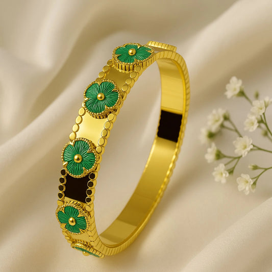 Emerald Enamel Flower Gold-Tone Traditional Bangle Bracelet