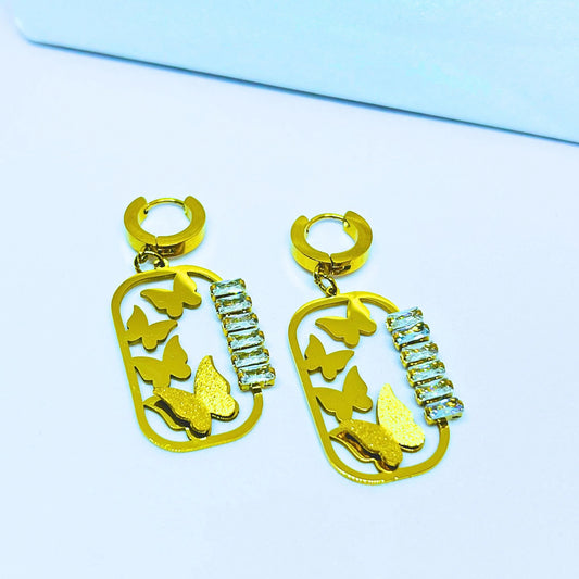 Gold Butterfly Garden Hoop Earrings with Crystal Bar Accents
