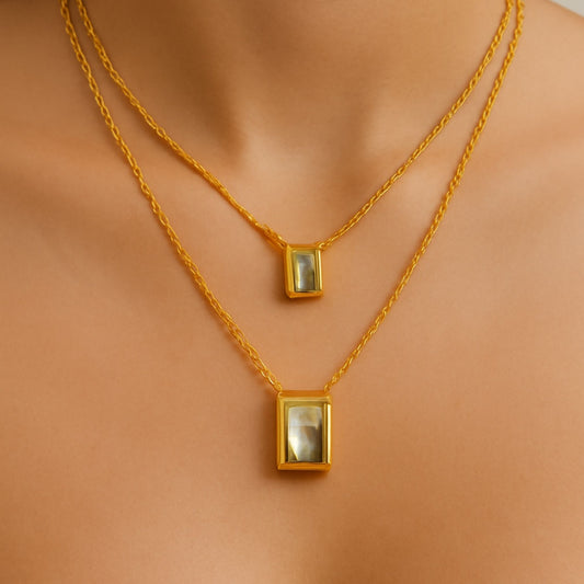 Gold Layered Rectangle Crystal Pendant Necklace Set