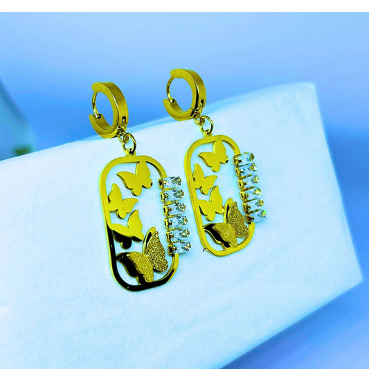 Gold Butterfly Garden Hoop Earrings with Crystal Bar Accents