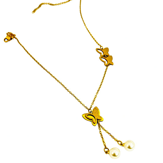 Golden Butterfly Layered Chain Necklace with Pearl Drops