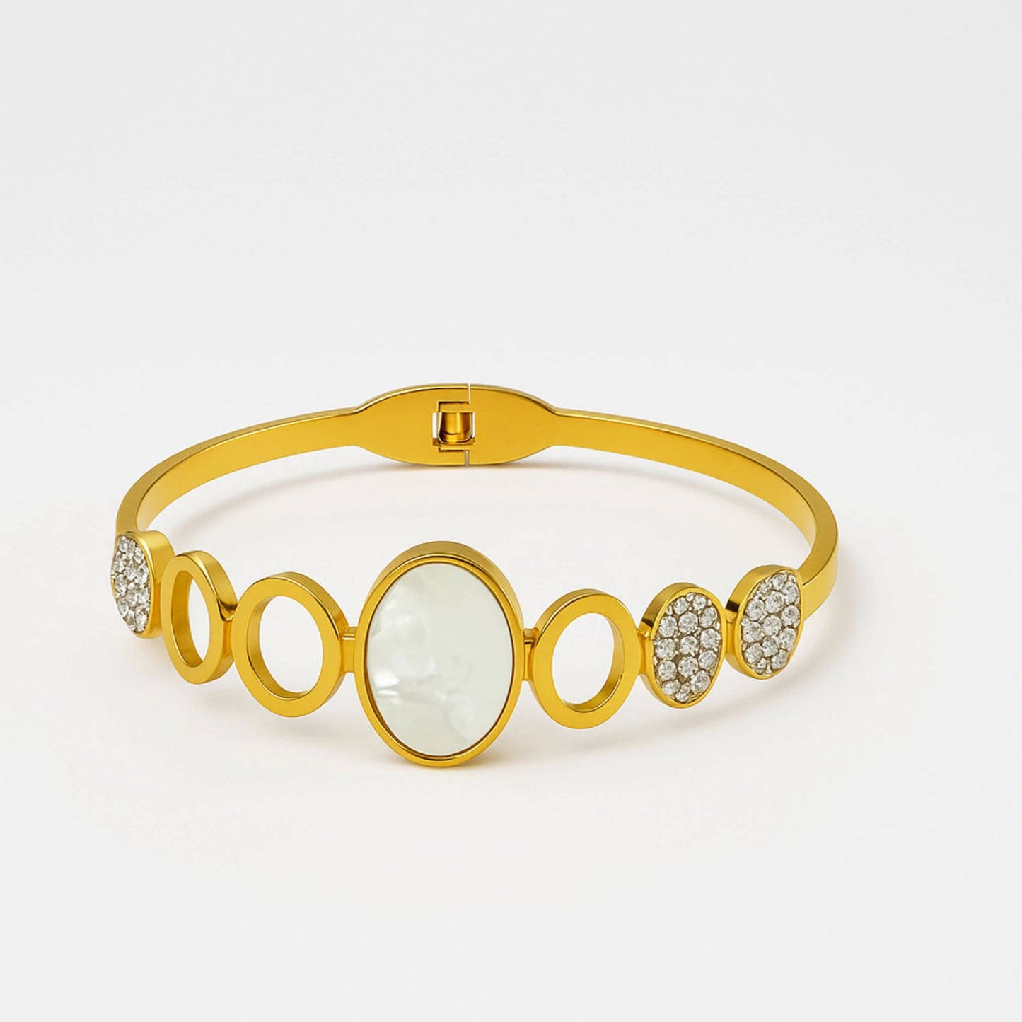 Gold Plated Geometric Circle Bracelet with Mother of Pearl & Crystal Accents
