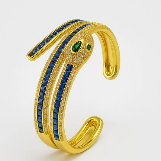 Luxury Egyptian Serpent Cuff Bracelet - Gold Plated with Sapphire & Emerald Accents