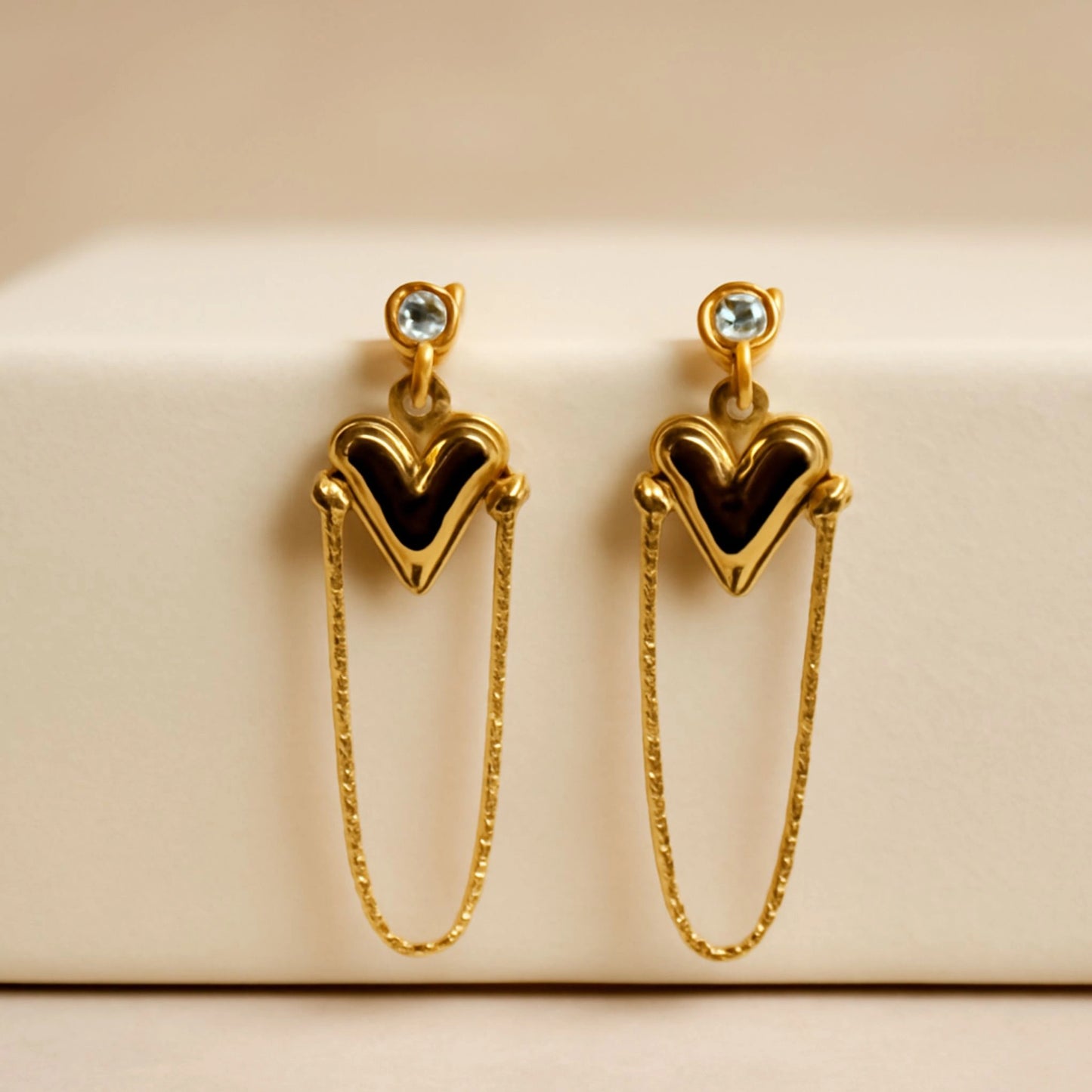 Gold Heart Chain Drop Earrings with Crystal Studs