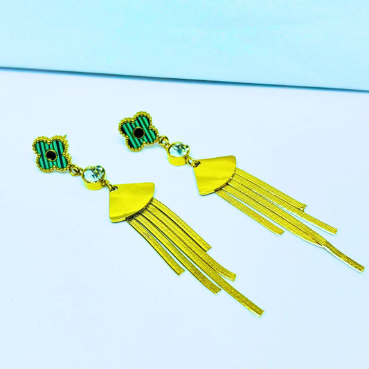 Malachite Clover Tassel Drop Earrings - Gold Tone Statement Jewelr