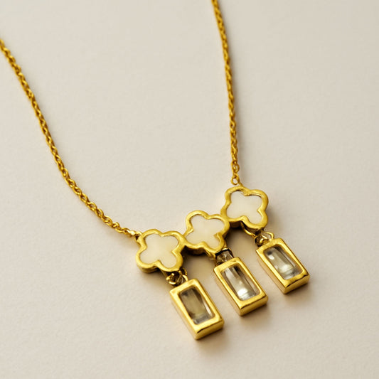 Gold Quatrefoil Clover Necklace with Crystal Dangles