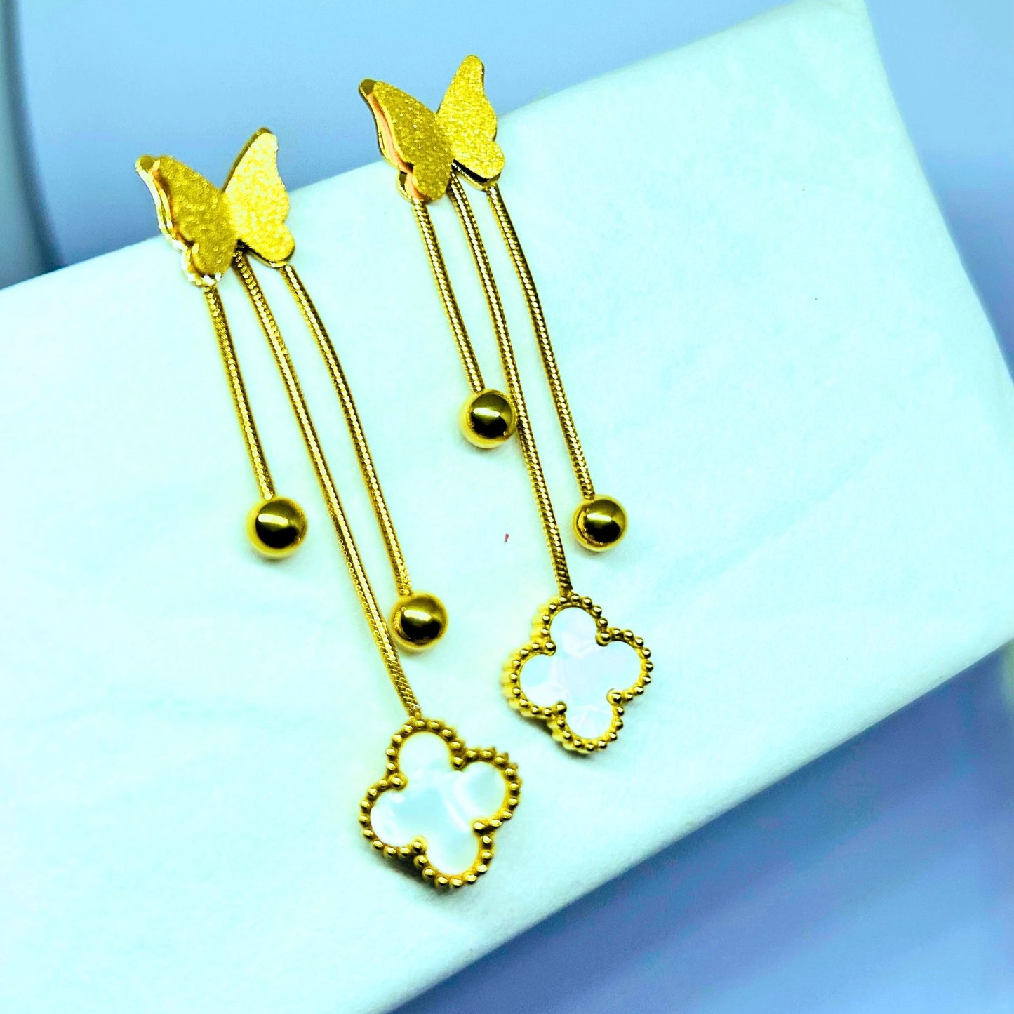 Gold-Tone Butterfly Chain Drop Earrings with Mother of Pearl Clover Charms