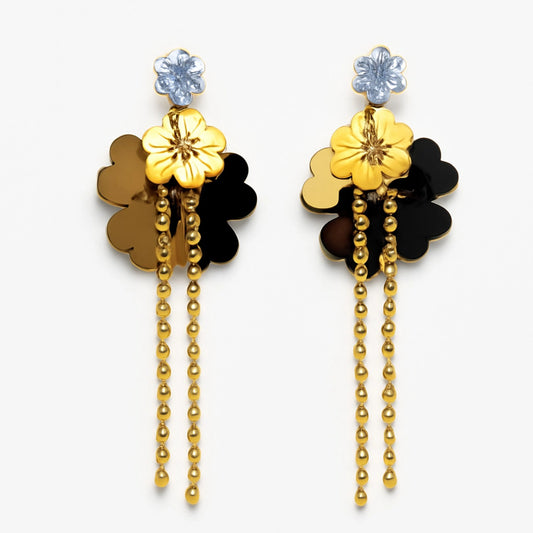 Multi-Layer Floral Drop Earrings with Golden Chain Tassels