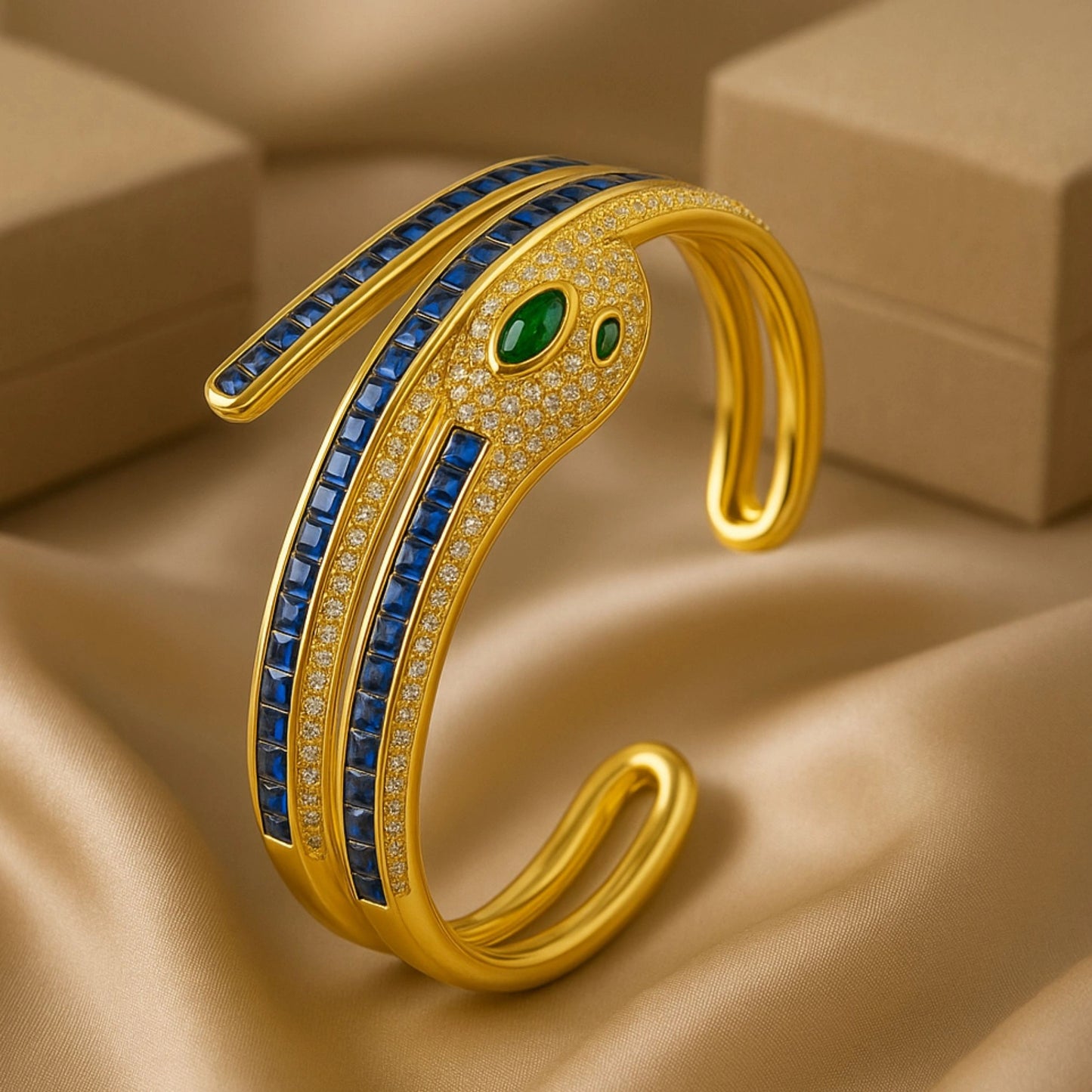 Luxury Egyptian Serpent Cuff Bracelet - Gold Plated with Sapphire & Emerald Accents