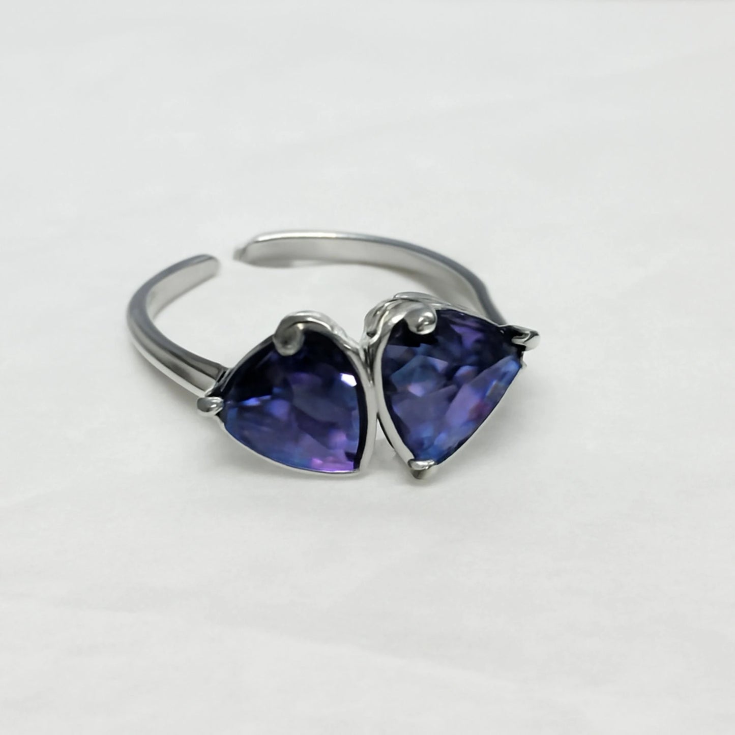 Sterling Silver Dual Trillion Cut Sapphire Blue Open Cuff Ring