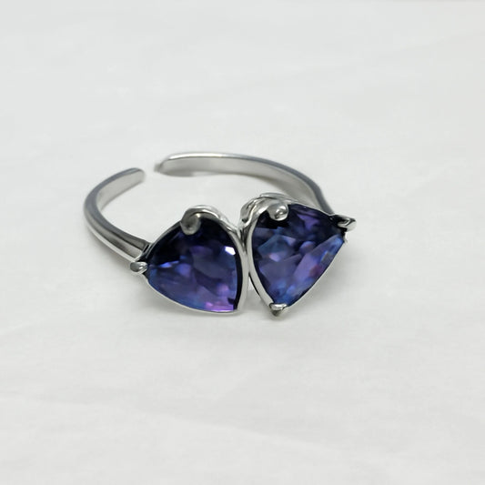 Sterling Silver Dual Trillion Cut Sapphire Blue Open Cuff Ring