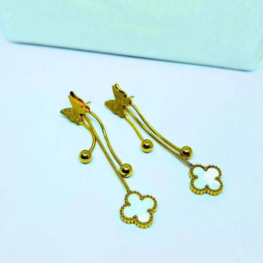 Gold-Tone Butterfly Chain Drop Earrings with Mother of Pearl Clover Charms