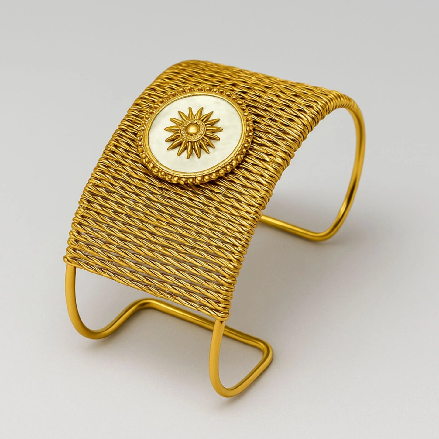 Gold Wire Wrap Sun Medallion Cuff Bracelet