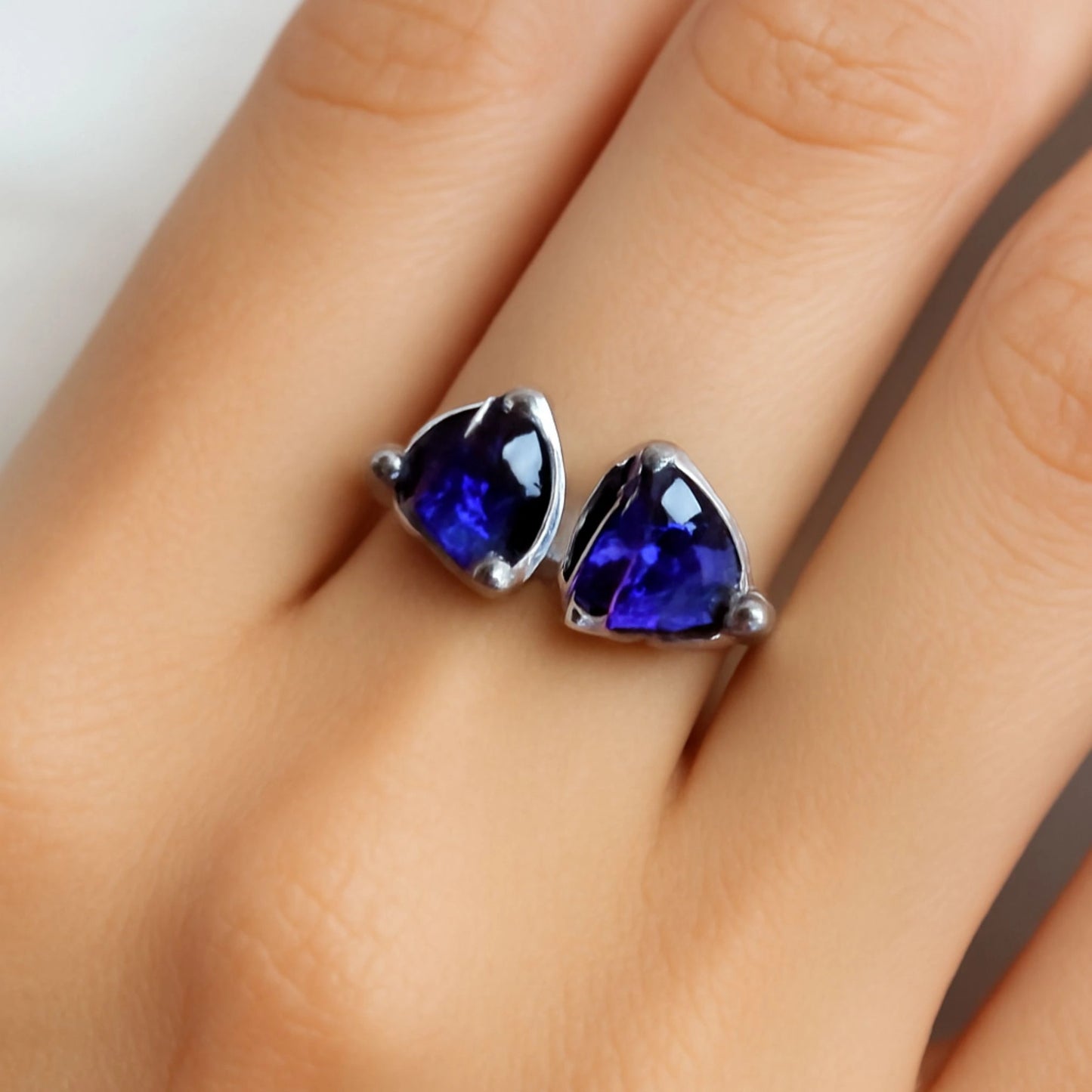Sterling Silver Dual Trillion Cut Sapphire Blue Open Cuff Ring