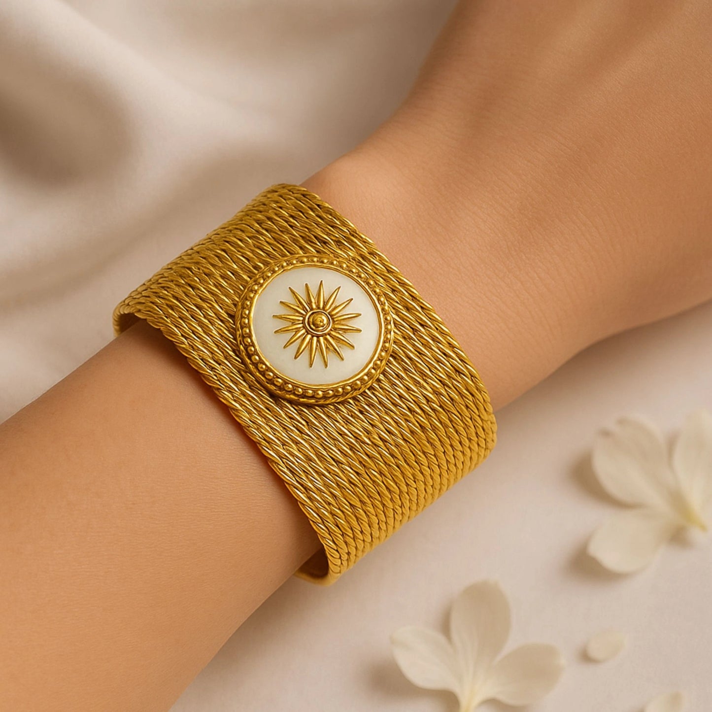 Gold Wire Wrap Sun Medallion Cuff Bracelet