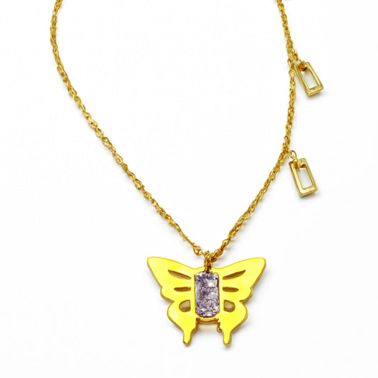 Gold Butterfly Pendant Necklace with Purple Crystal Center