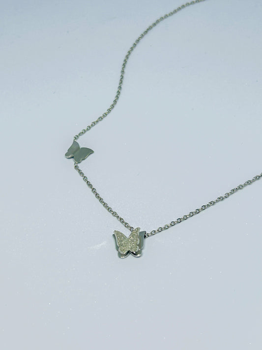 Silver Double Butterfly Layered Necklace