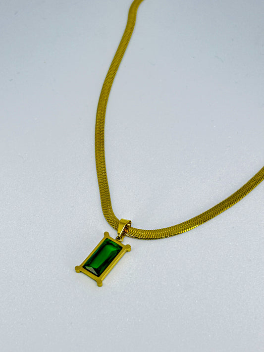 Gold Plated Snake Chain Necklace with Green Stone Pendant
