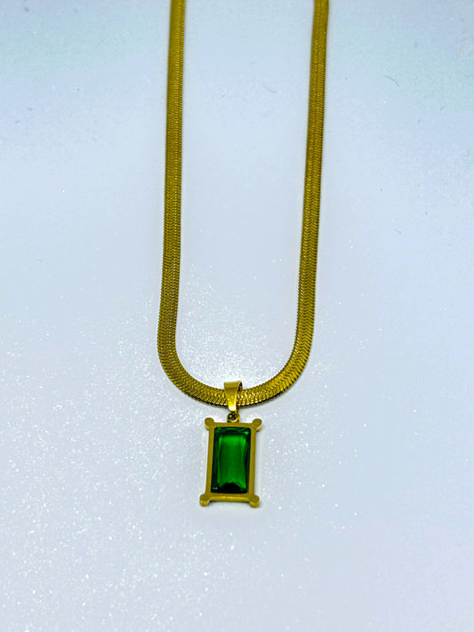 Gold Plated Snake Chain Necklace with Green Stone Pendant