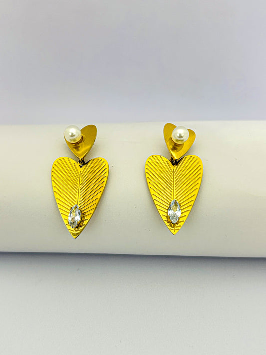 Gold Heart Drop Earrings with Pearl and Crystal