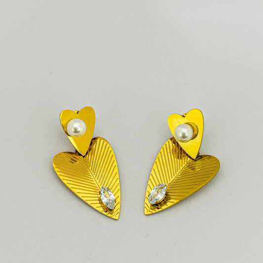 Gold Heart Drop Earrings with Pearl and Crystal