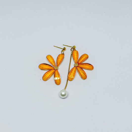 Amber Daisy Asymmetrical Earrings with Pearl Drop
