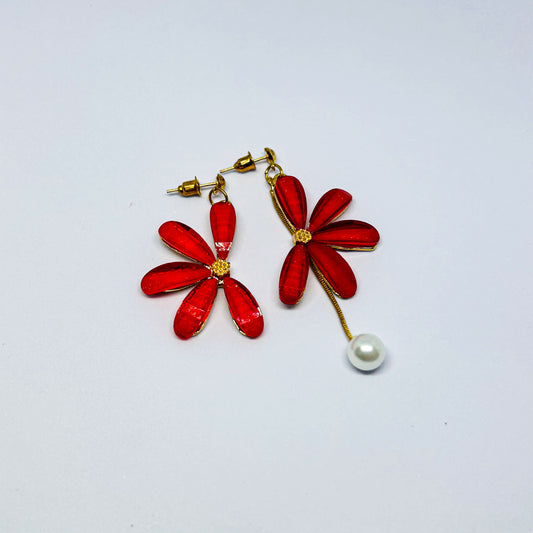 Amber Daisy Asymmetrical Earrings with Pearl Drop